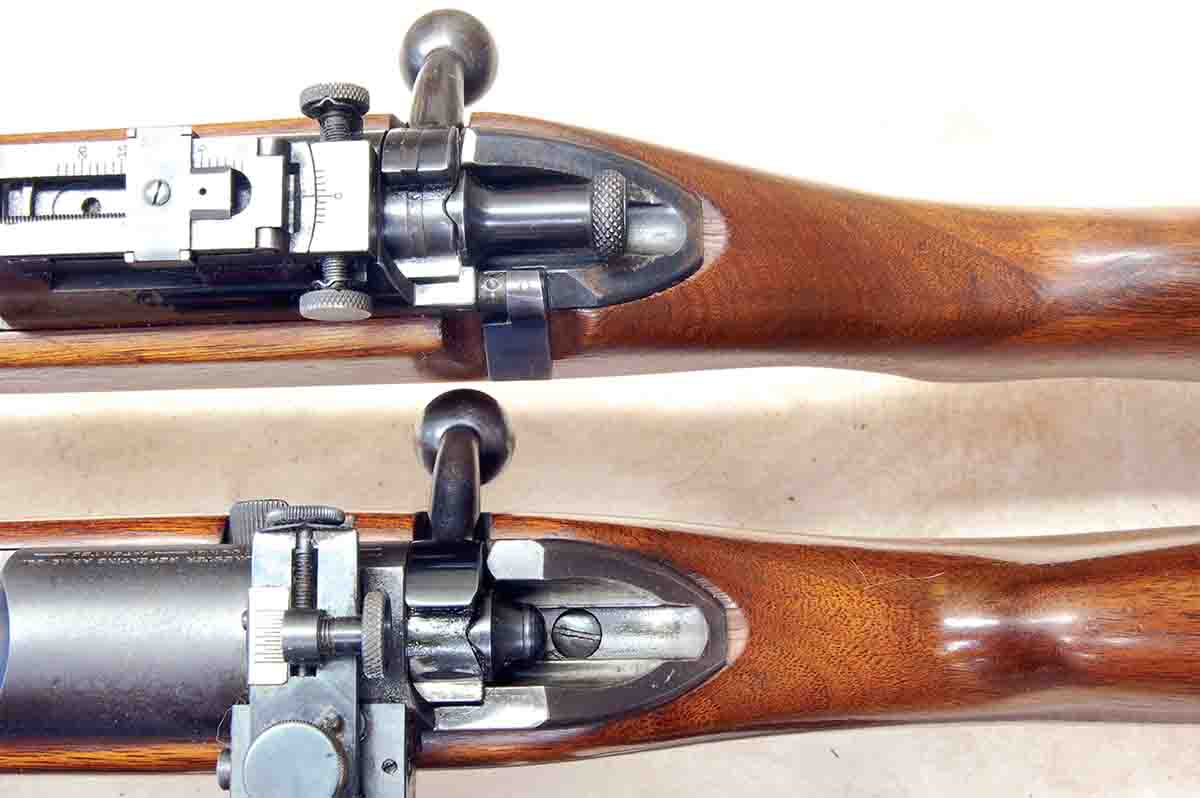 The first Model 52 slow-lock action (top) is easily differentiated from all later speed-lock actions (bottom) by its long, firing-pin extension.